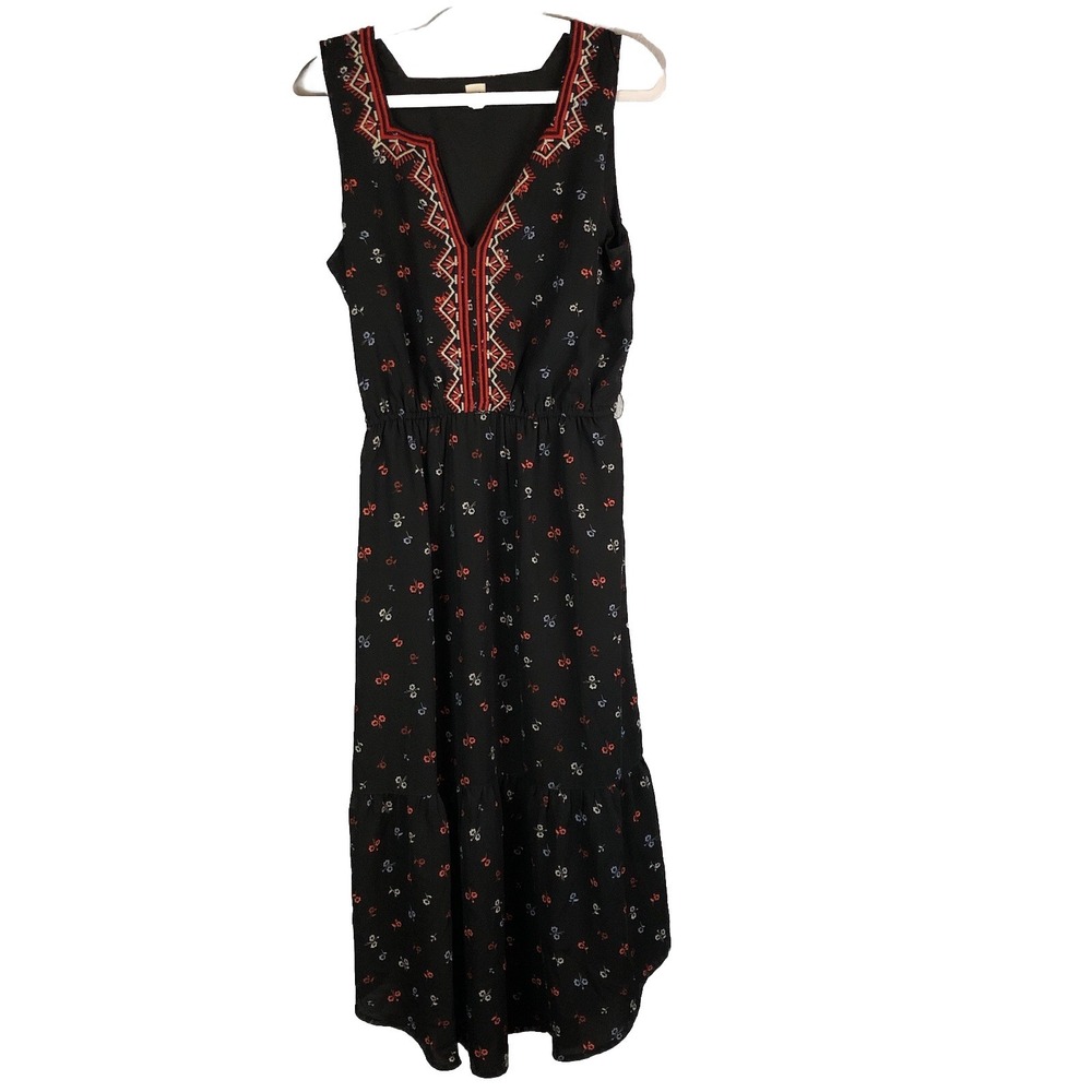 Gap Dress Small Black Midi Boho Floral‎ Midnight Flowy Prairie Embroidered